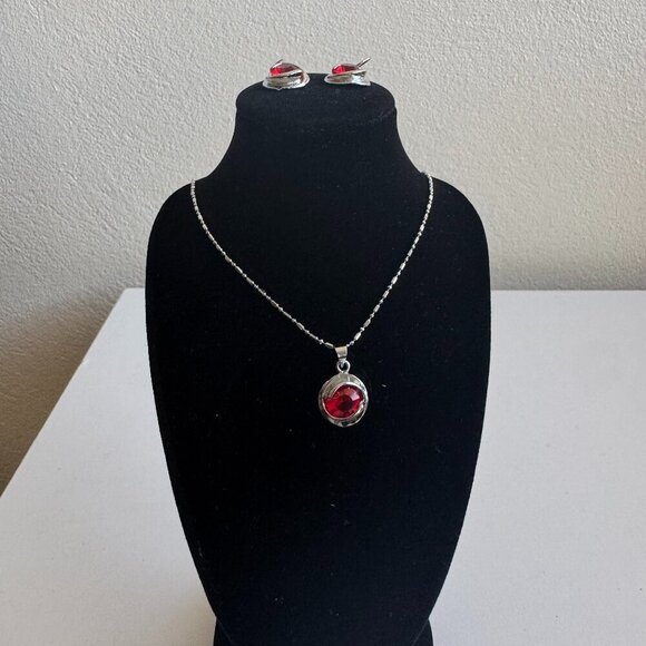 Jewelry - Sterling Silver Red Crystal Necklace & Earrings Set
